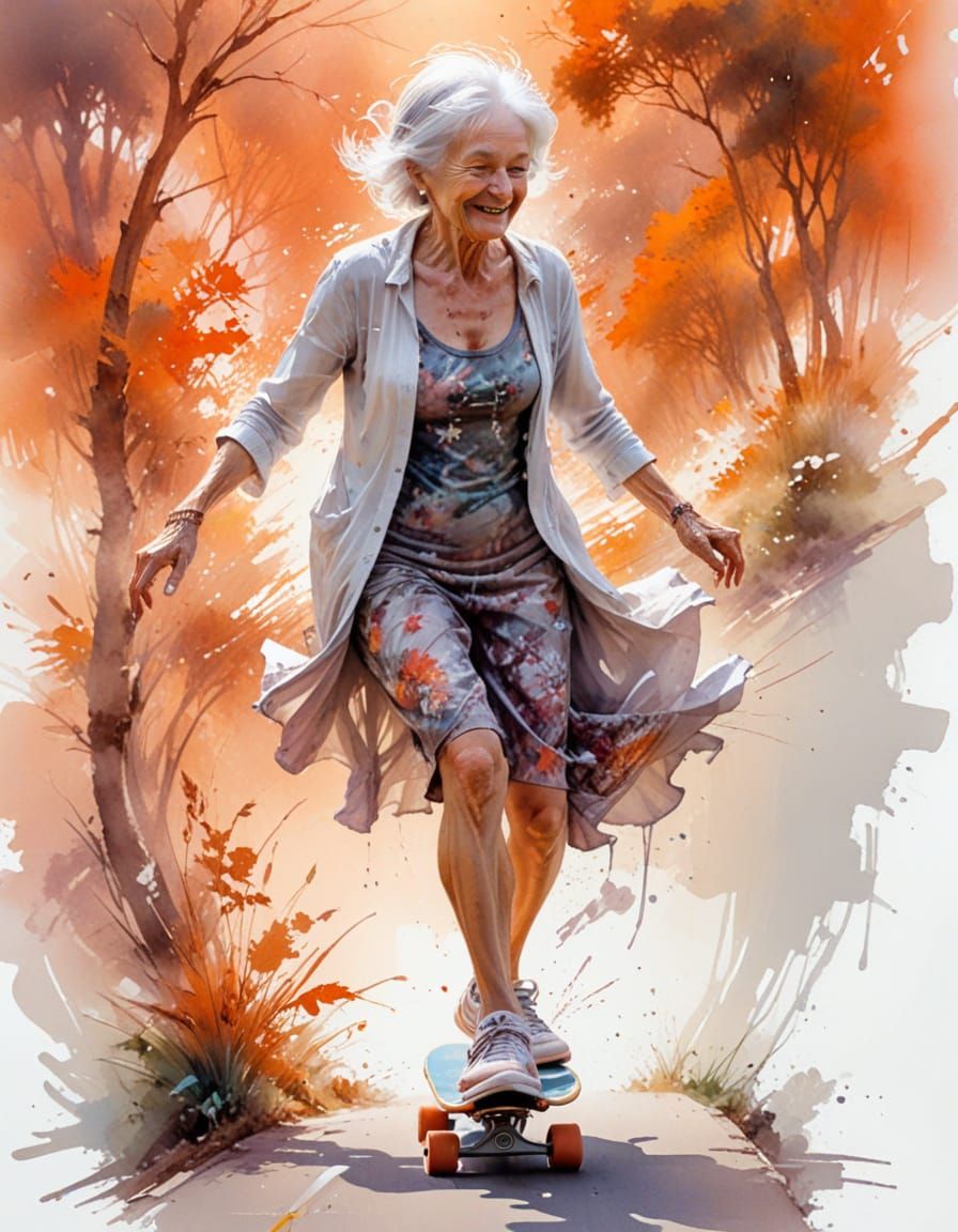 Elderly Woman Skateboarding in Lush Coastal Park as Watercol...
