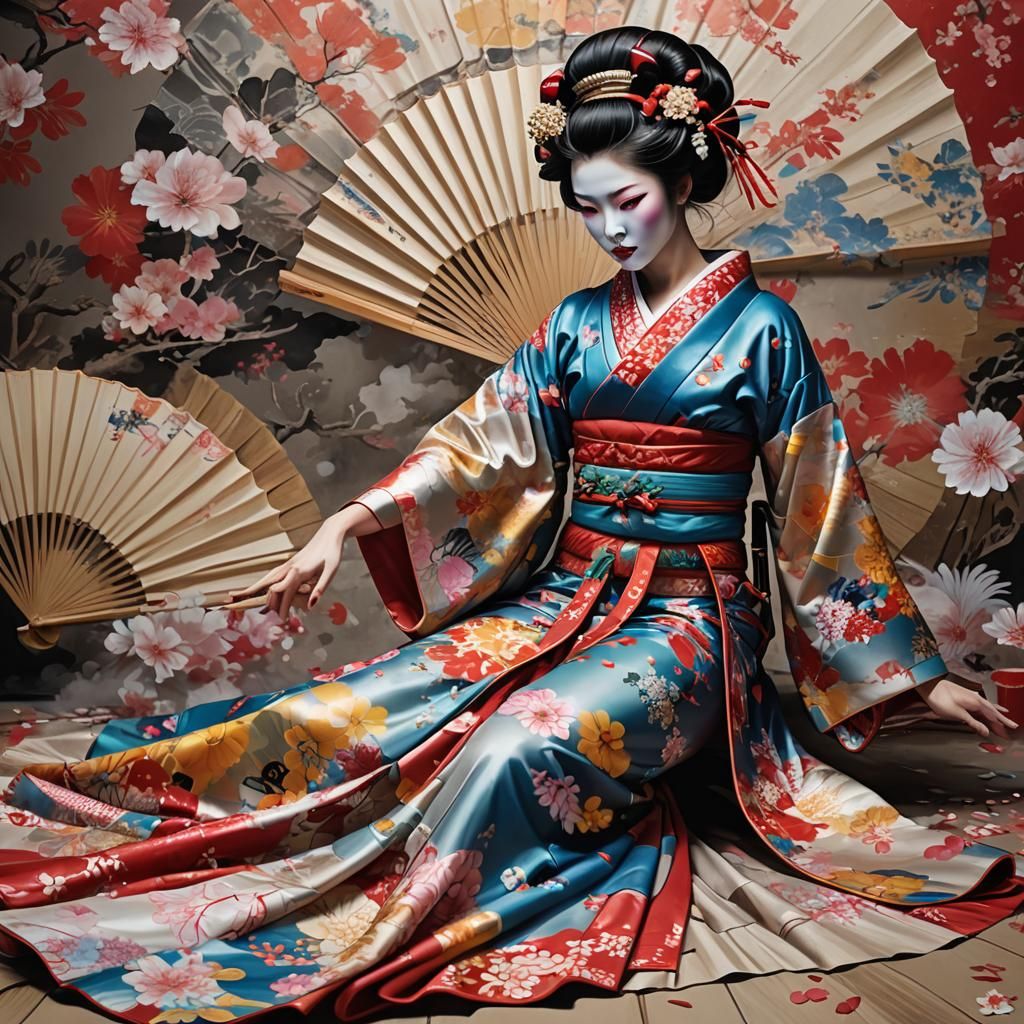 Geisha with Fan in Vibrant Digital Painting