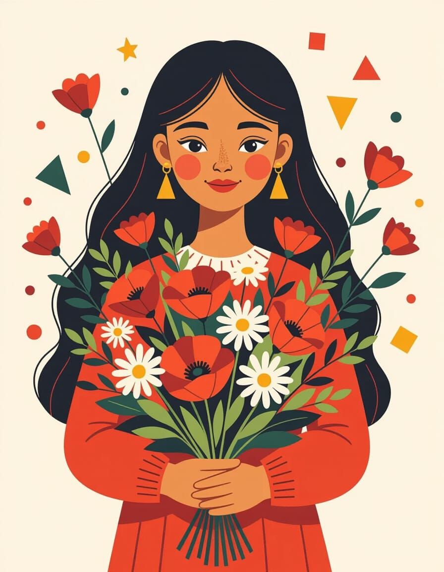 Girl with Flowers in Modernist Style