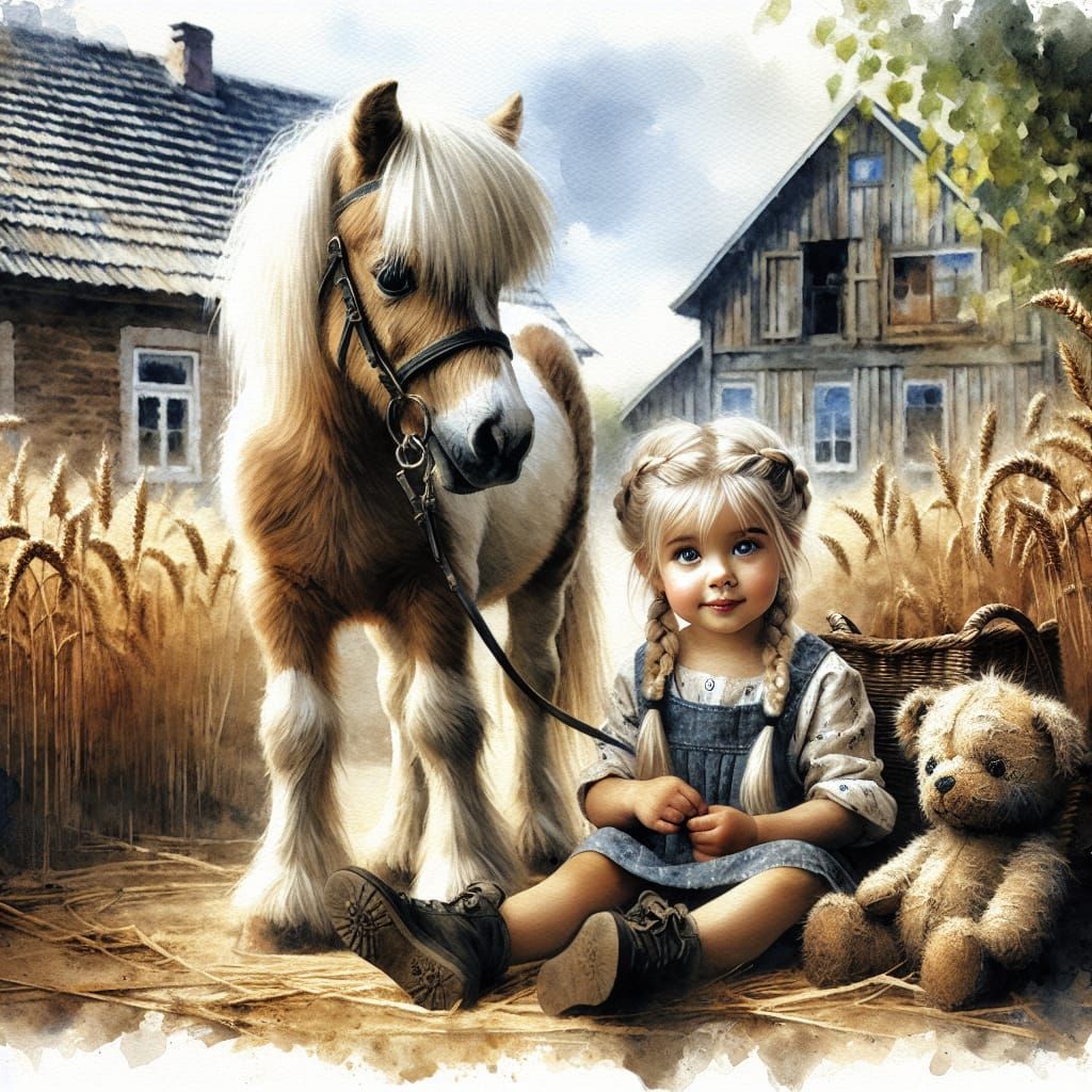Toddler and Pony in Wheat Field, Watercolor Painting