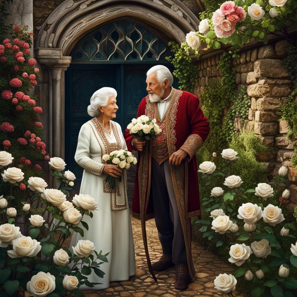 Medieval Couple in Rose Garden: Digital Art