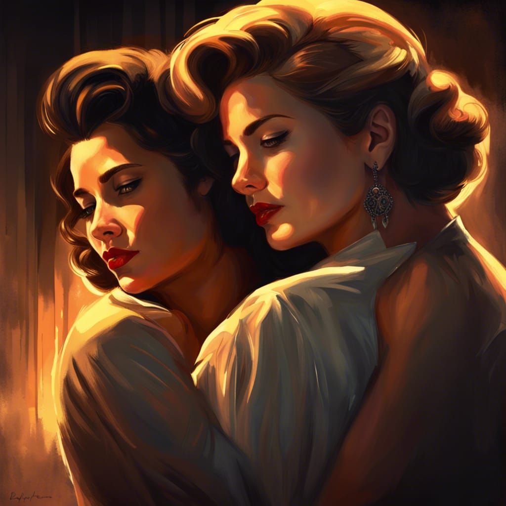 two beautifully elegant women hugging and embracing, in the style of lesbian pulp noir fiction paperback covers, art by ...