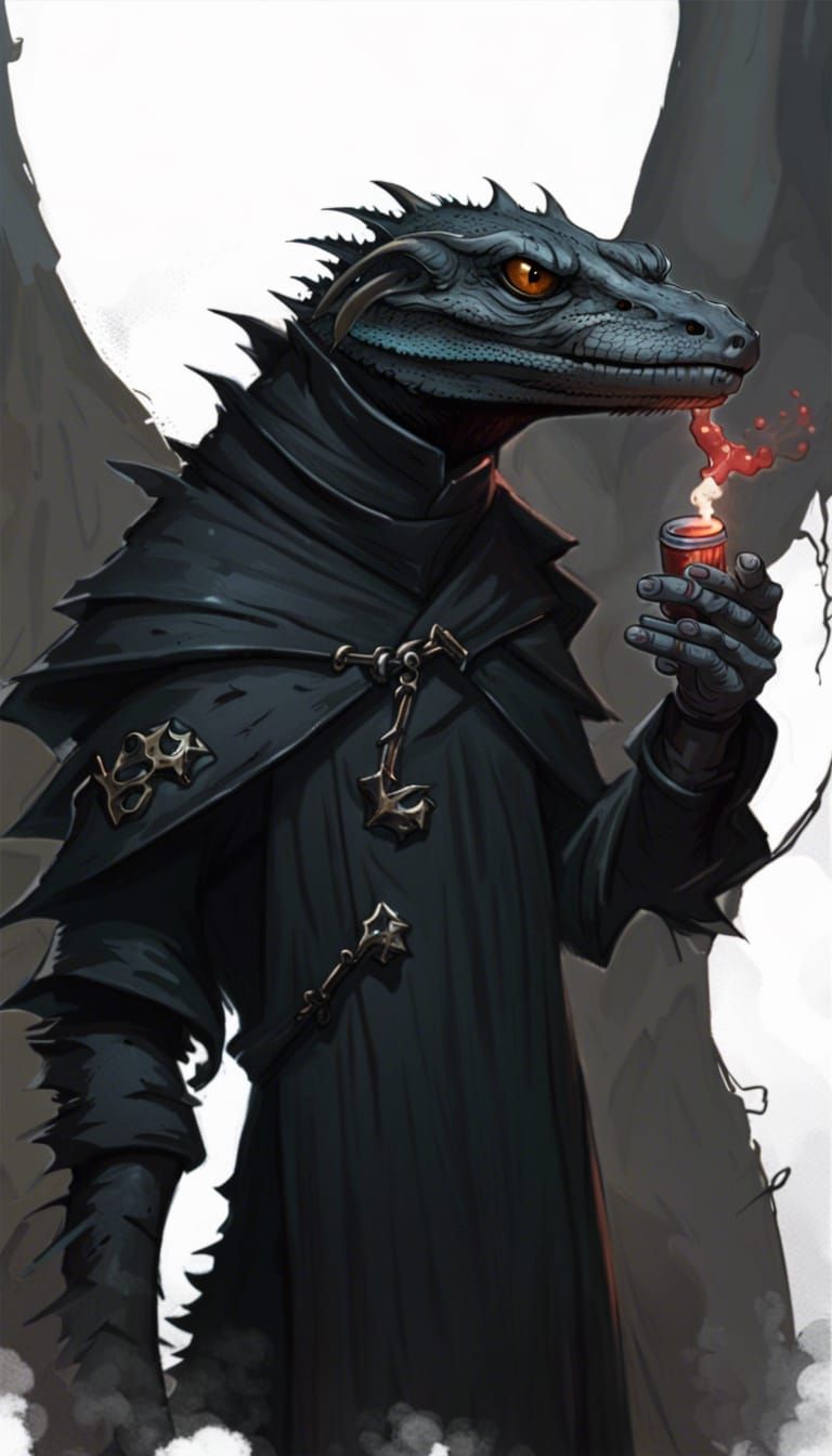 Smoking Magic Lizardfolk in Black Cloak