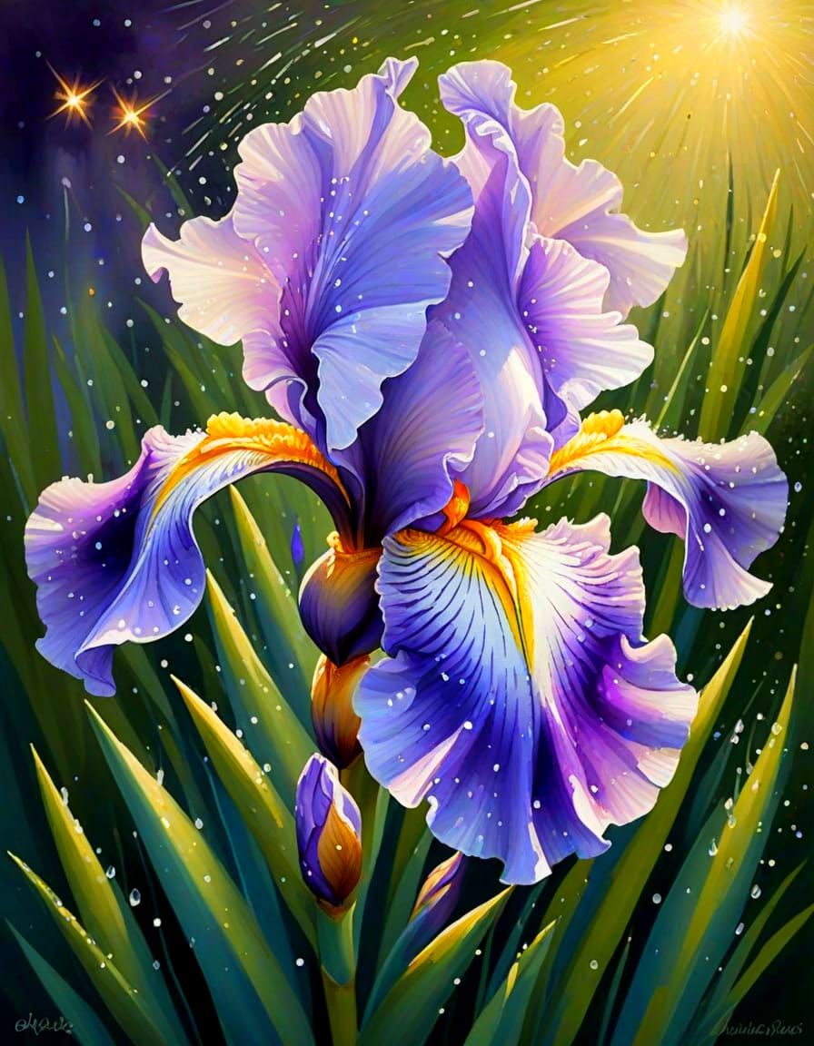 Sparkling Dew on Iris: A Luminous Painting