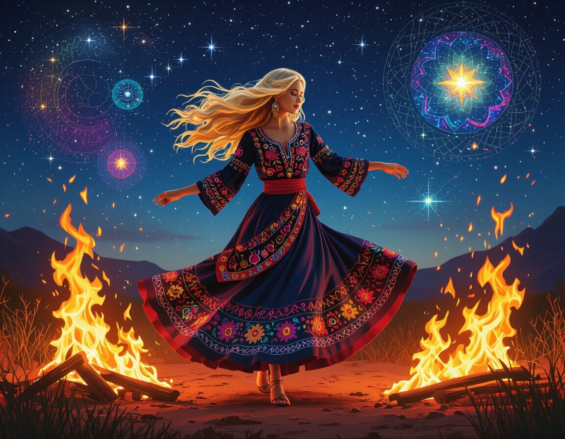 Woman Dancing with Astral Flames in Visionary Style