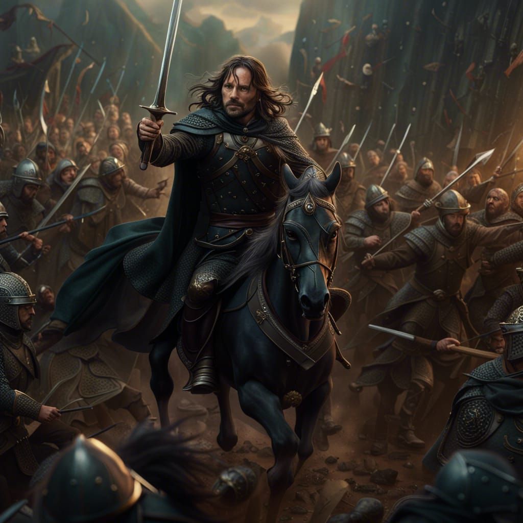 Aragorn Leads Battle: Detailed Matte Painting