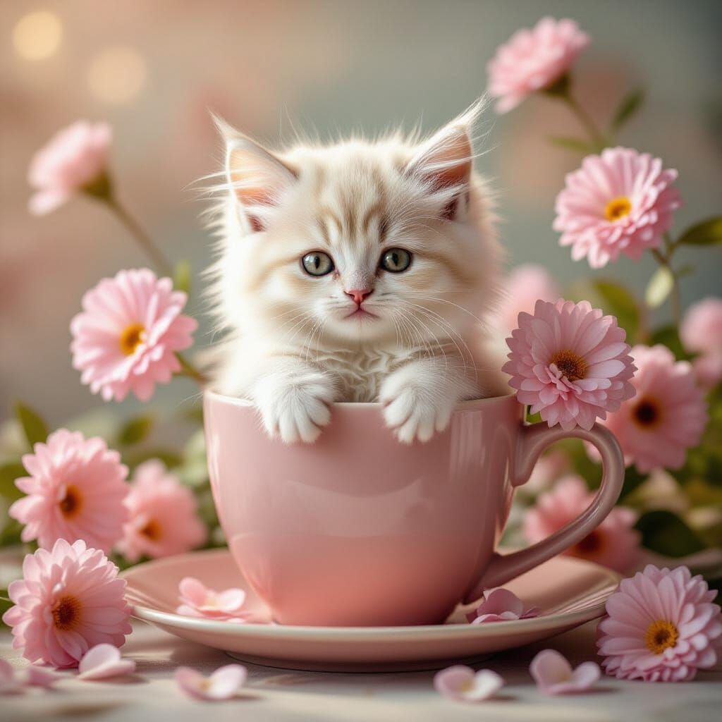 Kitten in Pink Cup with Blossoms