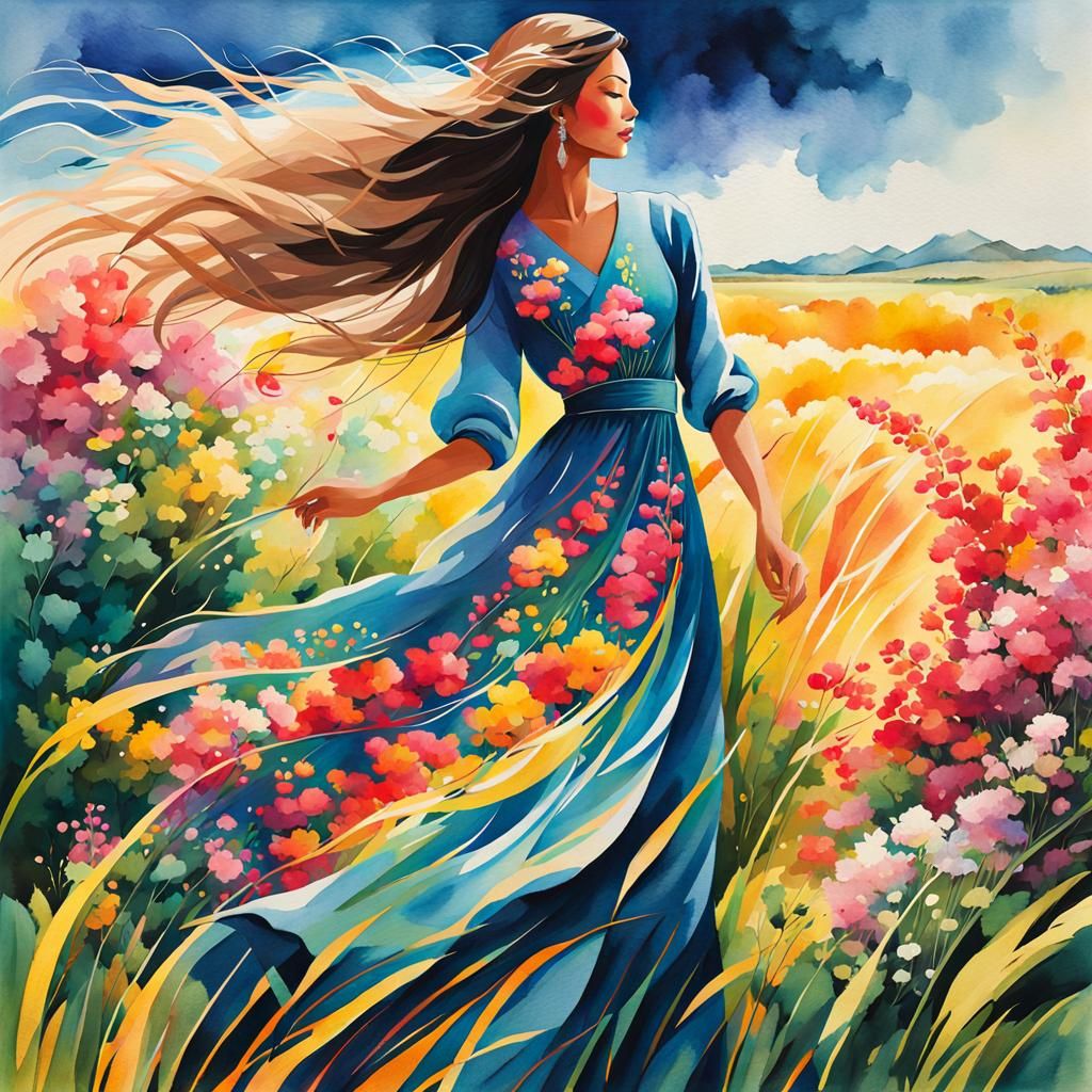 Windy Day in Flower Field: Watercolor Illustration