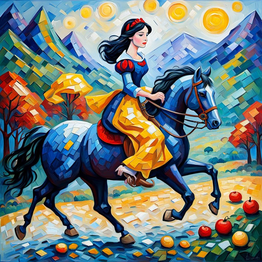 Snow White on Horse in Expressionist Oil Painting