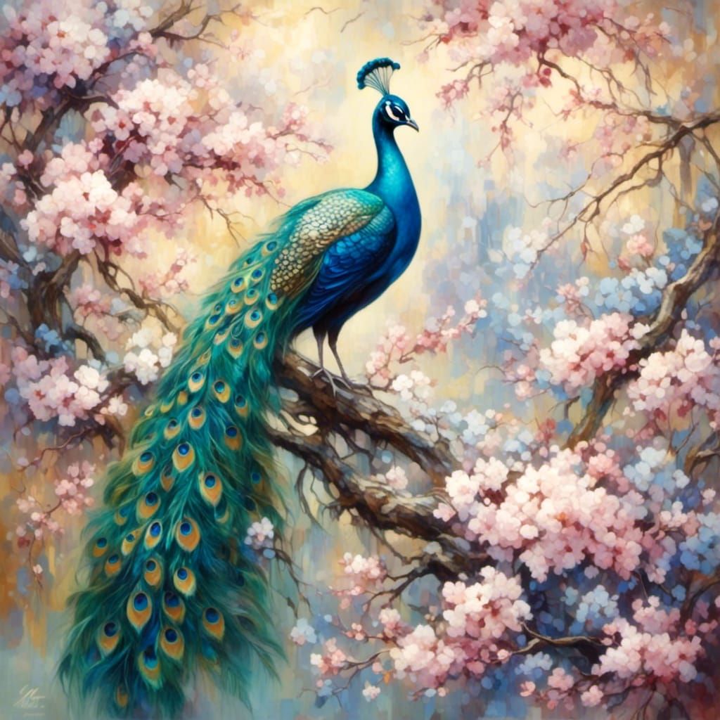 Peacock Among Cherry Blossoms in Impressionistic Style