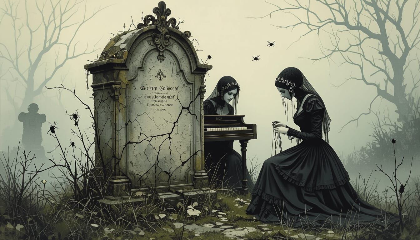 Victorian Grave with Player Piano and Black Widows Knitting