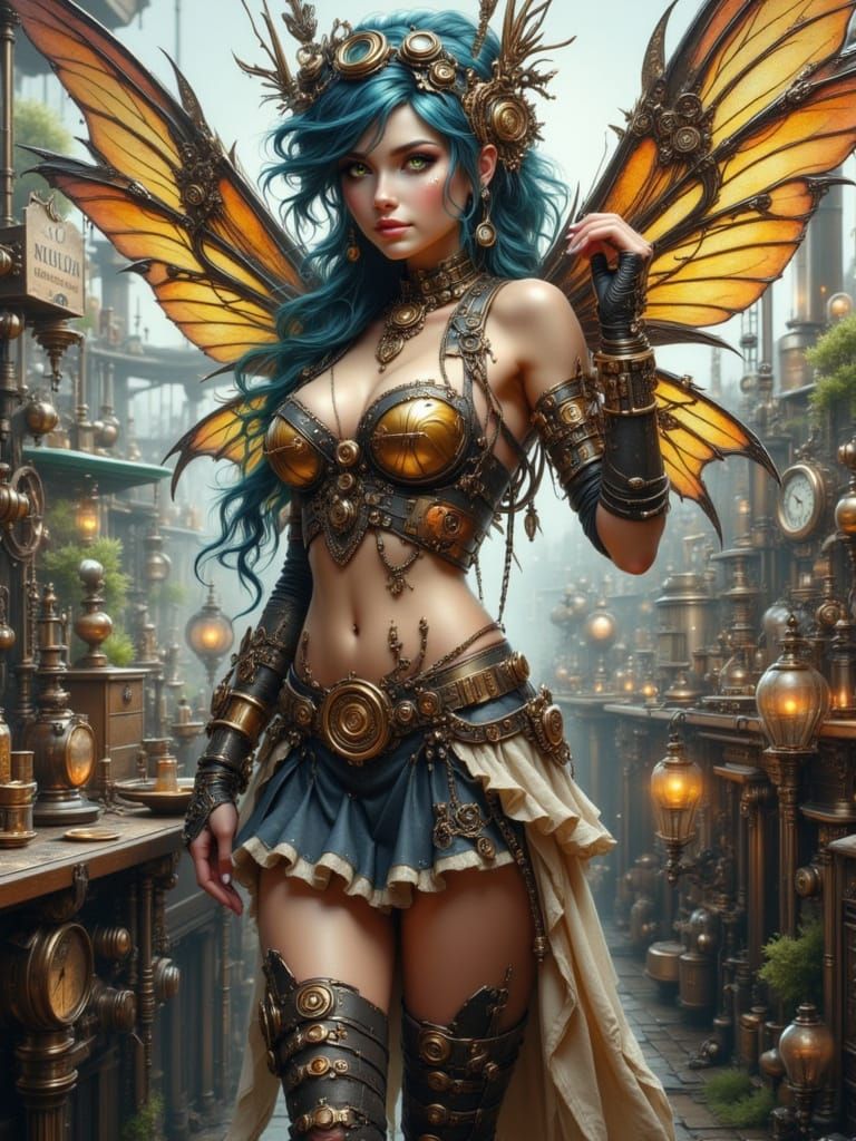 Steampunk Fairy with Cog Wings in Cityscape