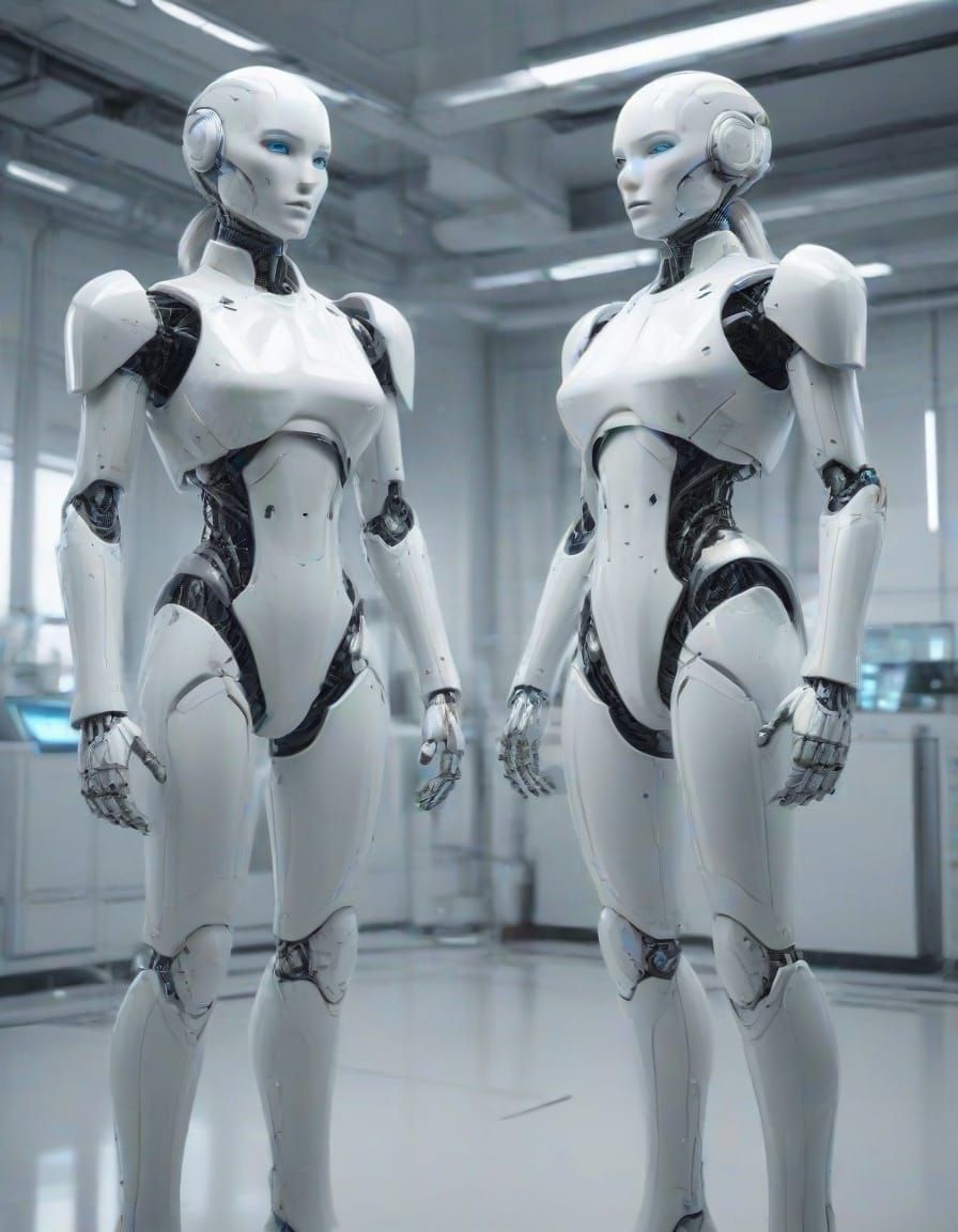Two Female Robots in a Futuristic Laboratory