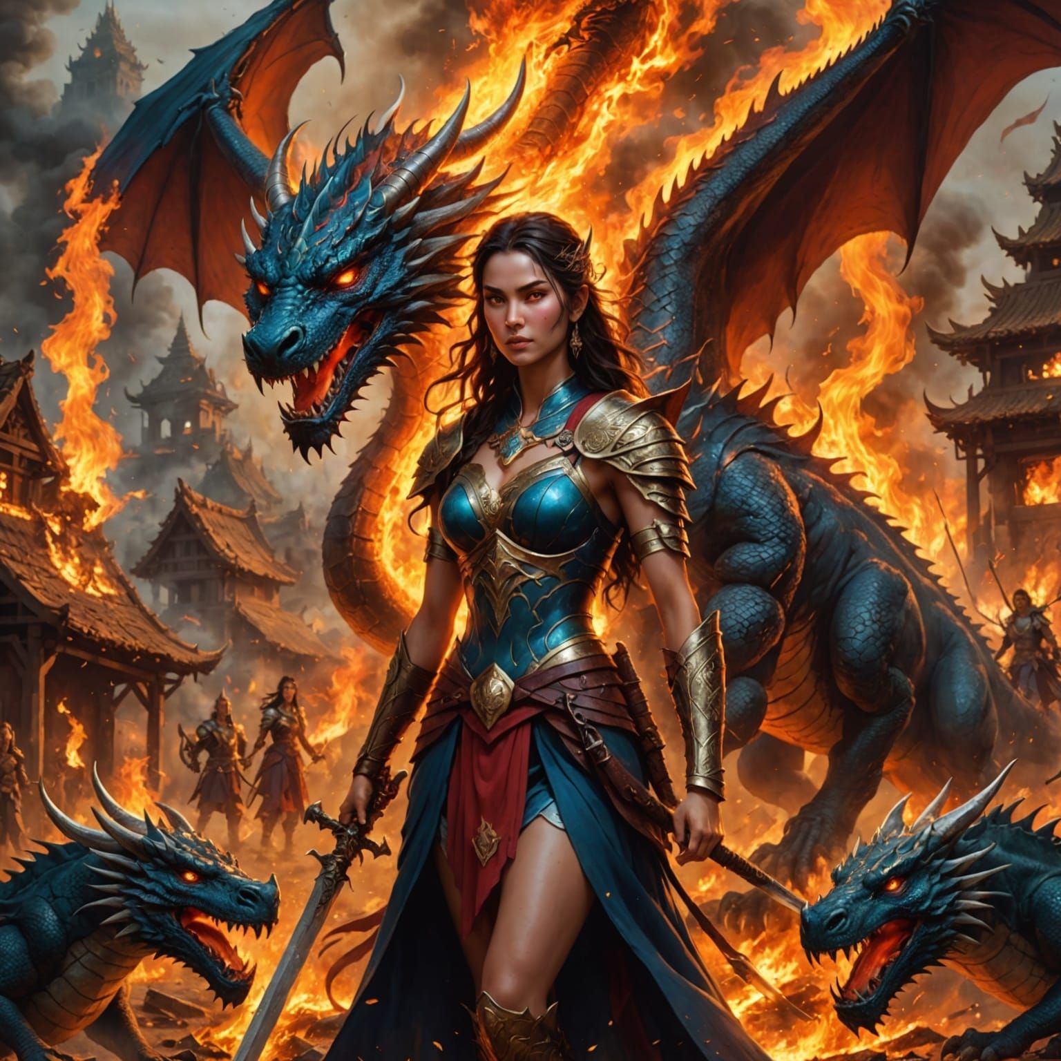 Warrior Goddess with Dragon Over Burning Village