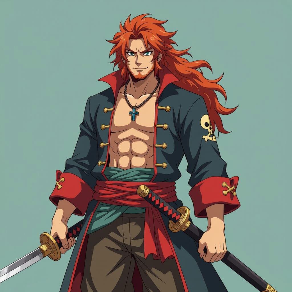 Red-Haired Pirate with Katana in Anime Style
