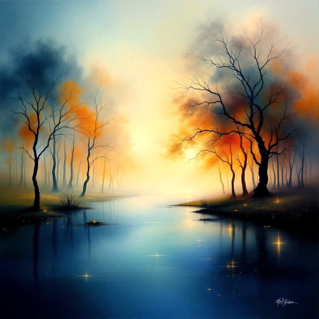 Mystical Landscape Painting with Harmonious Colors