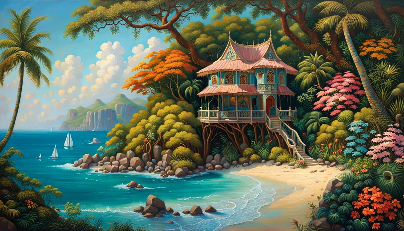 Tropical Beach Treehouse Oil Painting