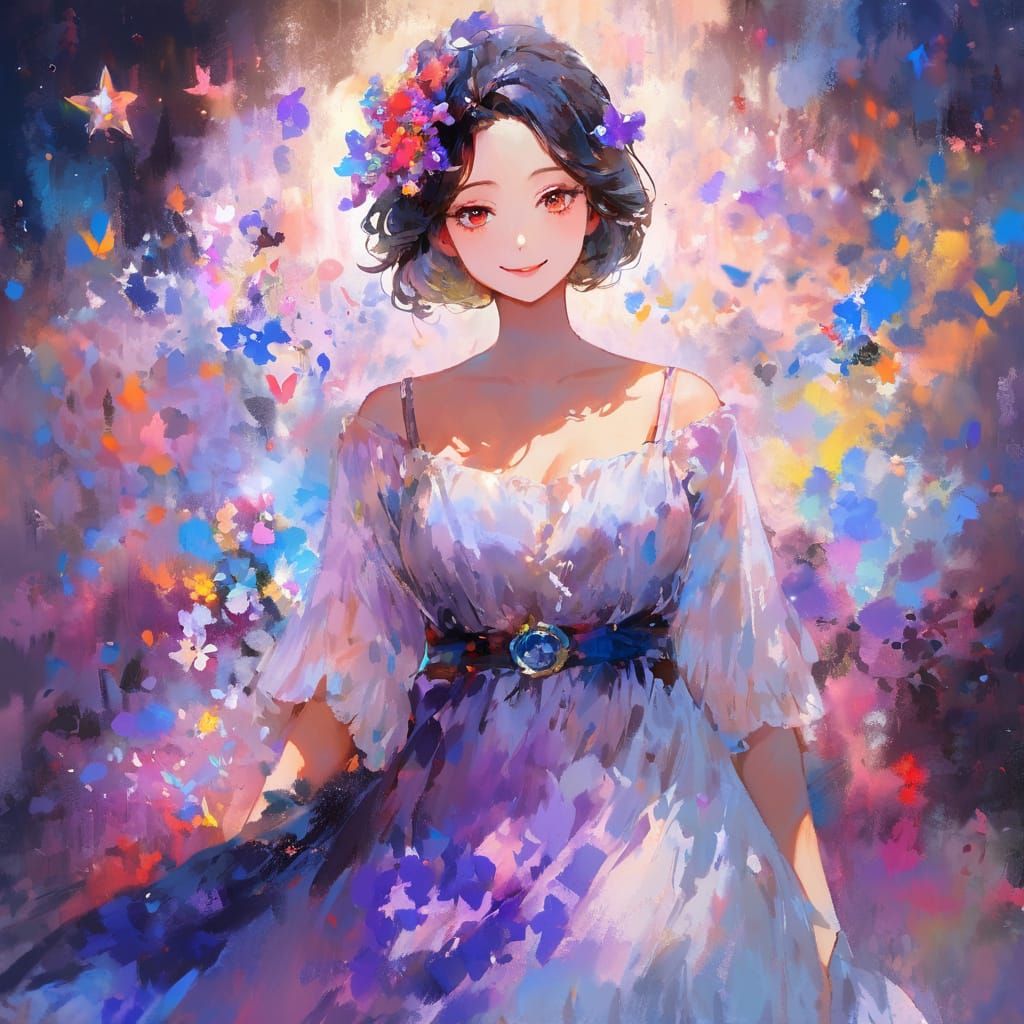 Elegant Anime Woman in Vibrant Painterly Galaxy Scene