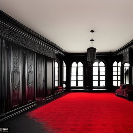 Madhouse penthouse with walls it look like a padded isolation room but Black& Black Gothic furniture& fun mirrors that d...