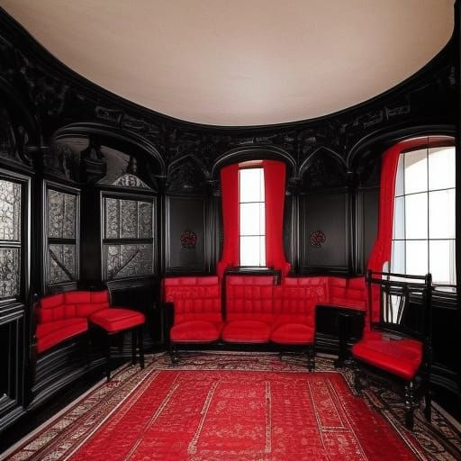 Madhouse penthouse with walls it look like a padded isolation room but Black& Black Gothic furniture& fun mirrors that d...