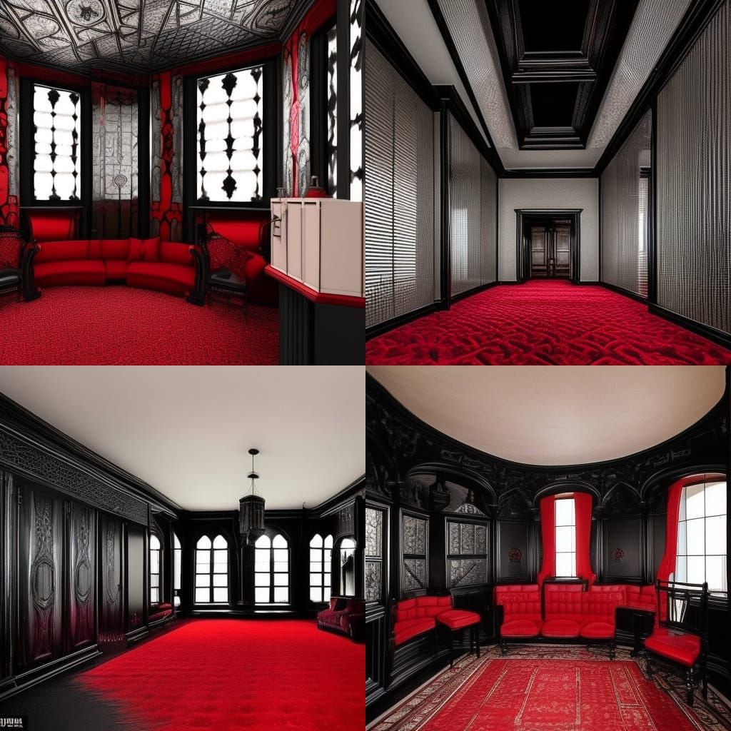 Madhouse penthouse with walls it look like a padded isolation room but Black& Black Gothic furniture& fun mirrors that d...