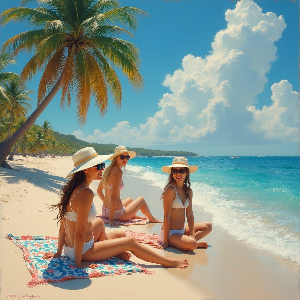 Women Relax in Idyllic Tropical Beach Scene, Impressionist S...