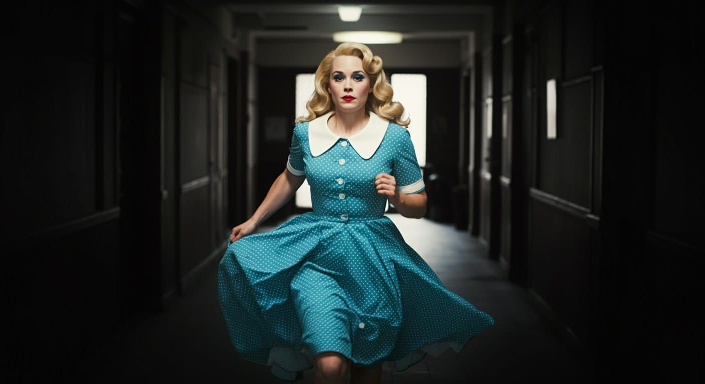 Classic Blonde Woman Flees in 1950s Ensemble, as Shot in Cin...