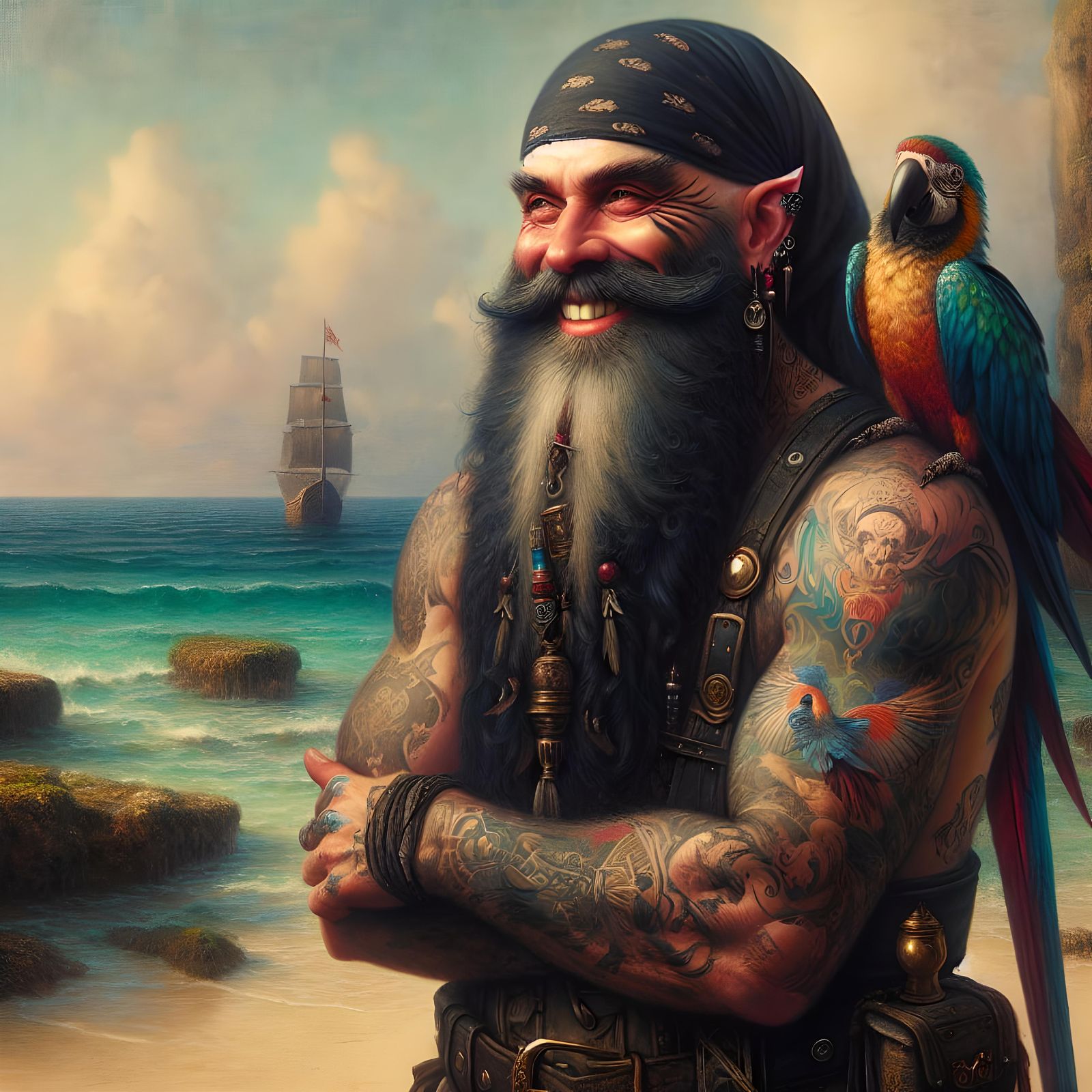 Pirate Warlock Dwarf on Beach, Romanticist Oil Painting