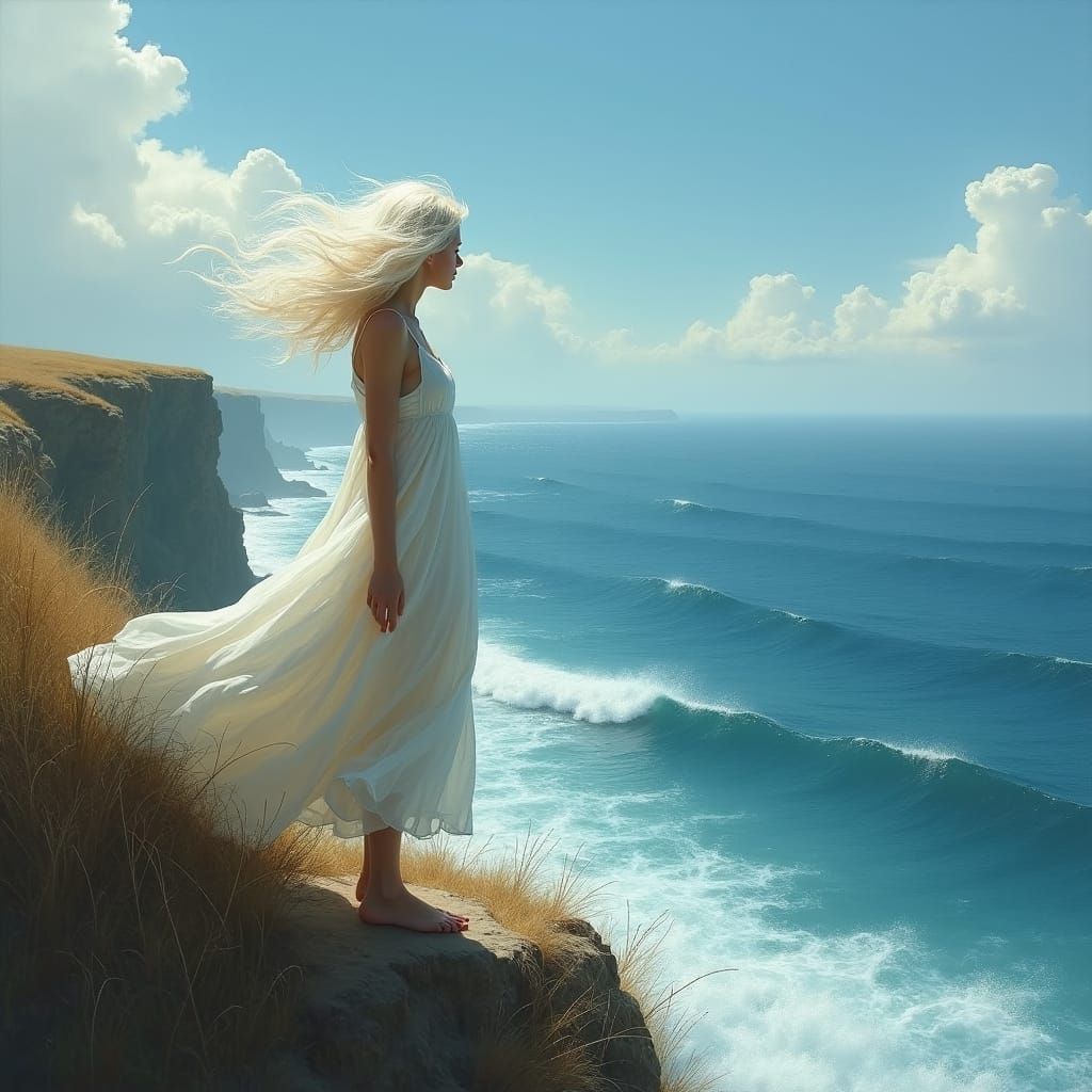 Woman on Cliff with Wind, Oil Painting