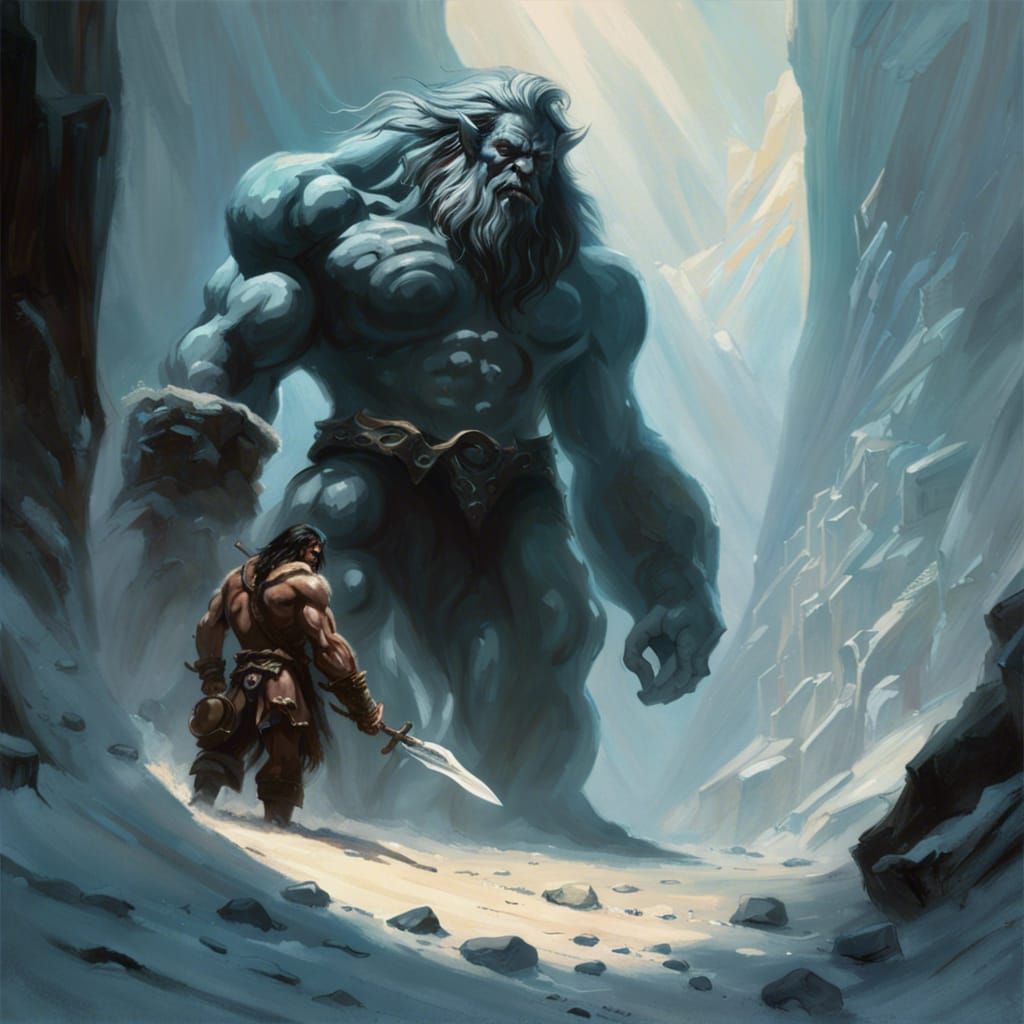 Epic Invocation to Ymir in Frazetta Style