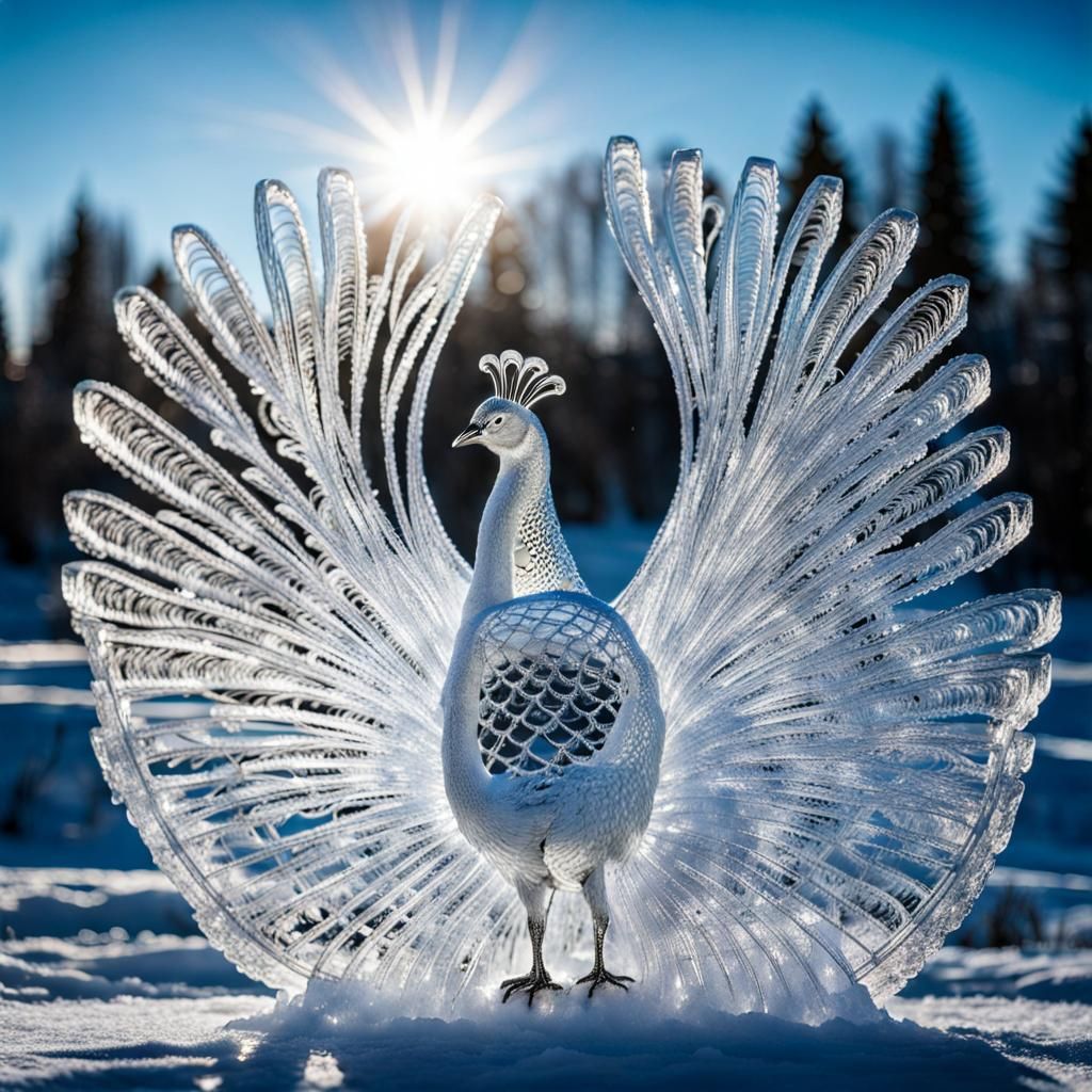 Intricate Ice Peacock Sculpture in Winter Sunlight