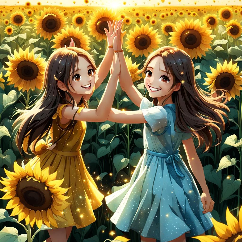 Girls High-Five in Sunflower Field: Anime Style