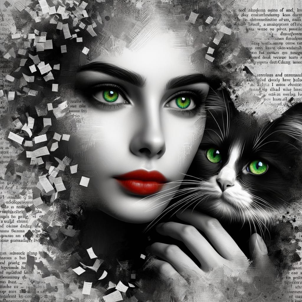 Monochrome Woman with Green Eyes Holding Cat