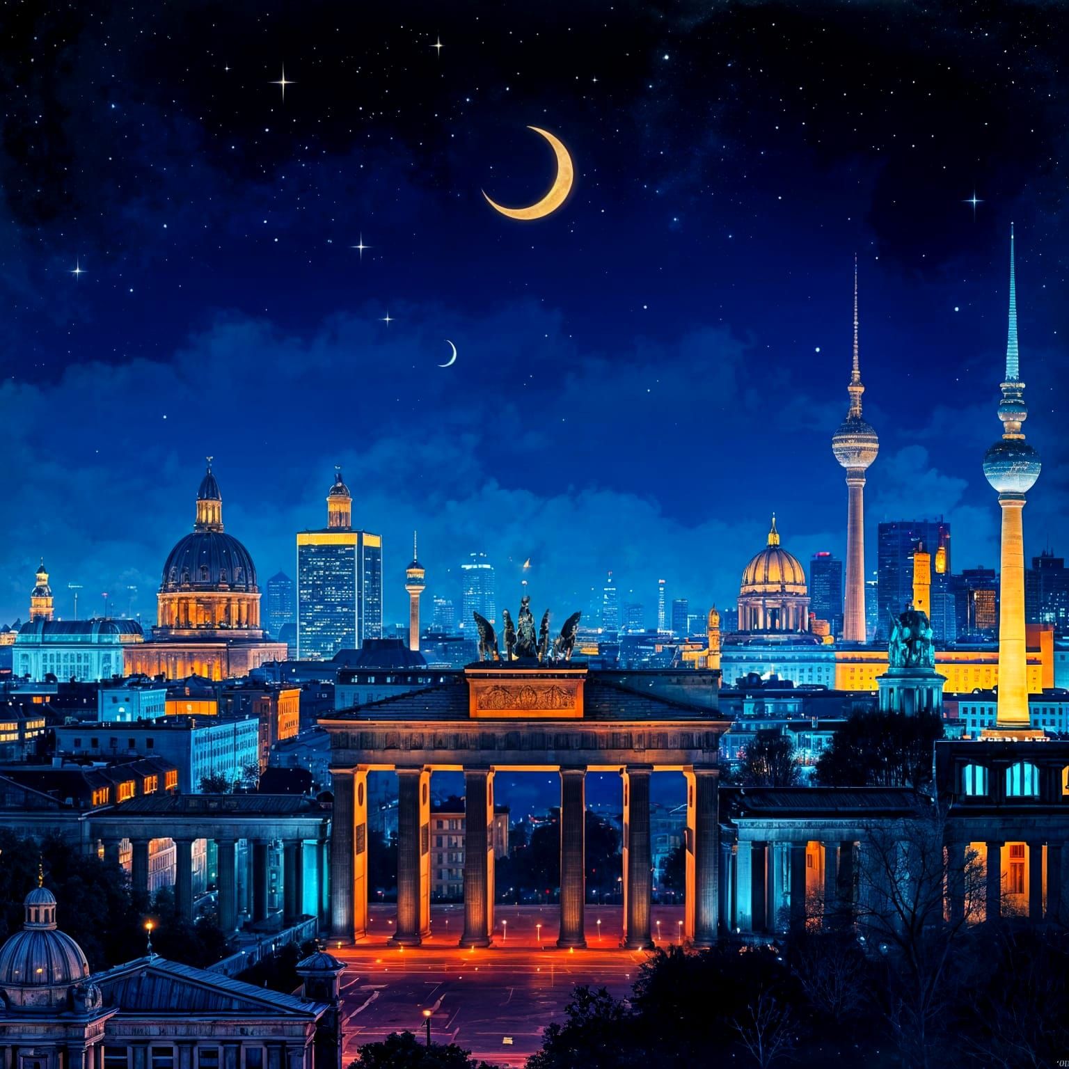 Berlin Night Skyline with Iconic Landmarks