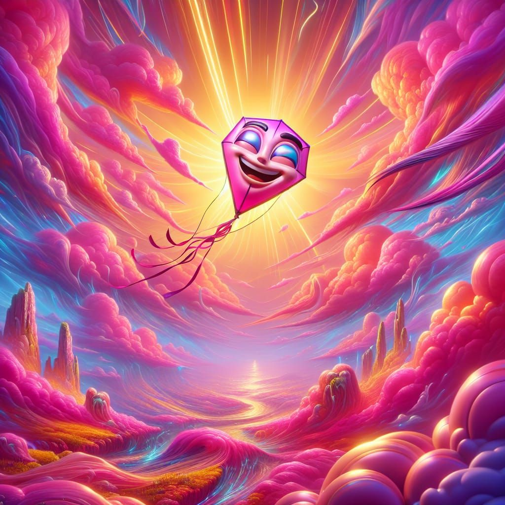 Cartoon Kite Soaring in Hyperrealistic Pink Sky