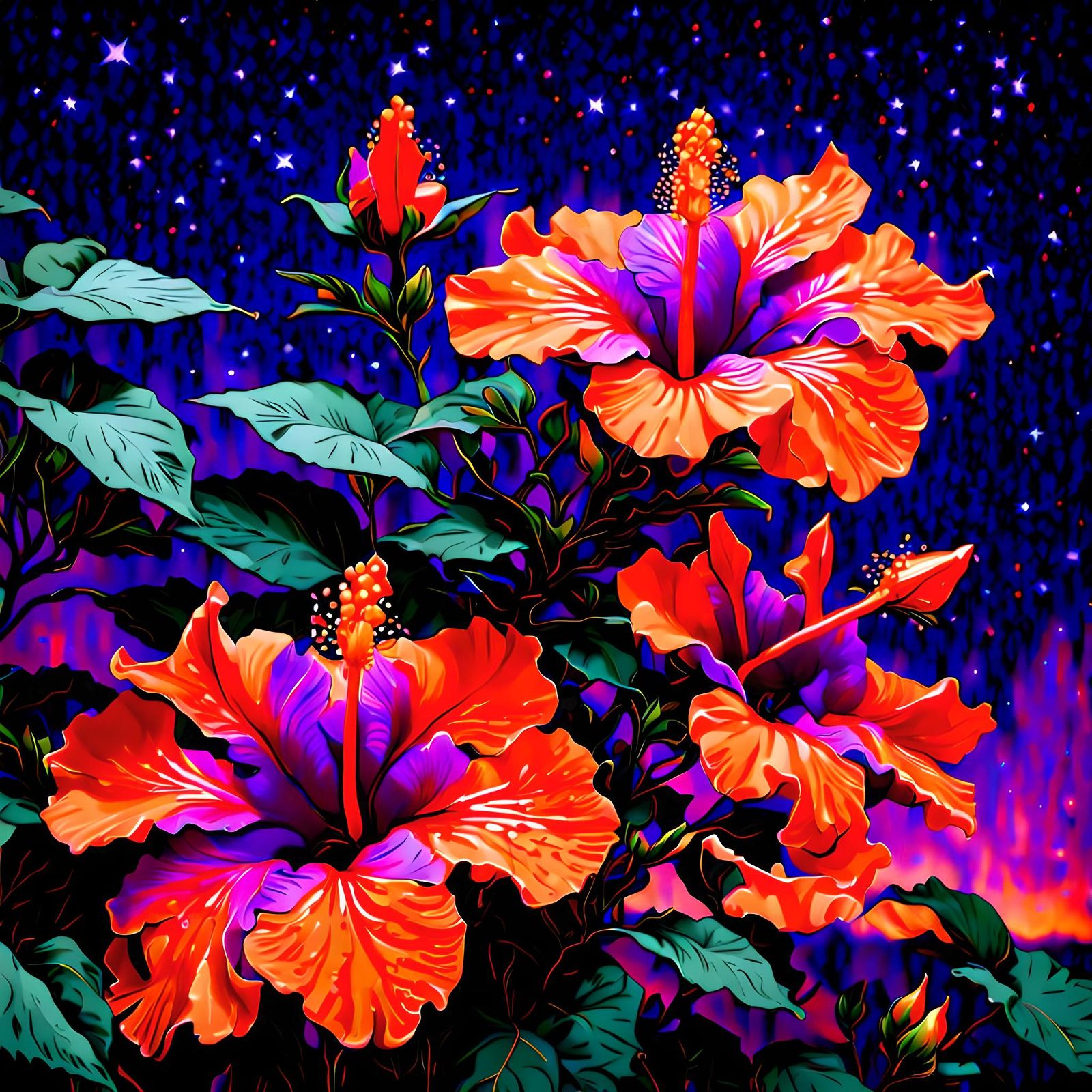 Fluorescent Hibiscus Flowers Under Starry Night Sky