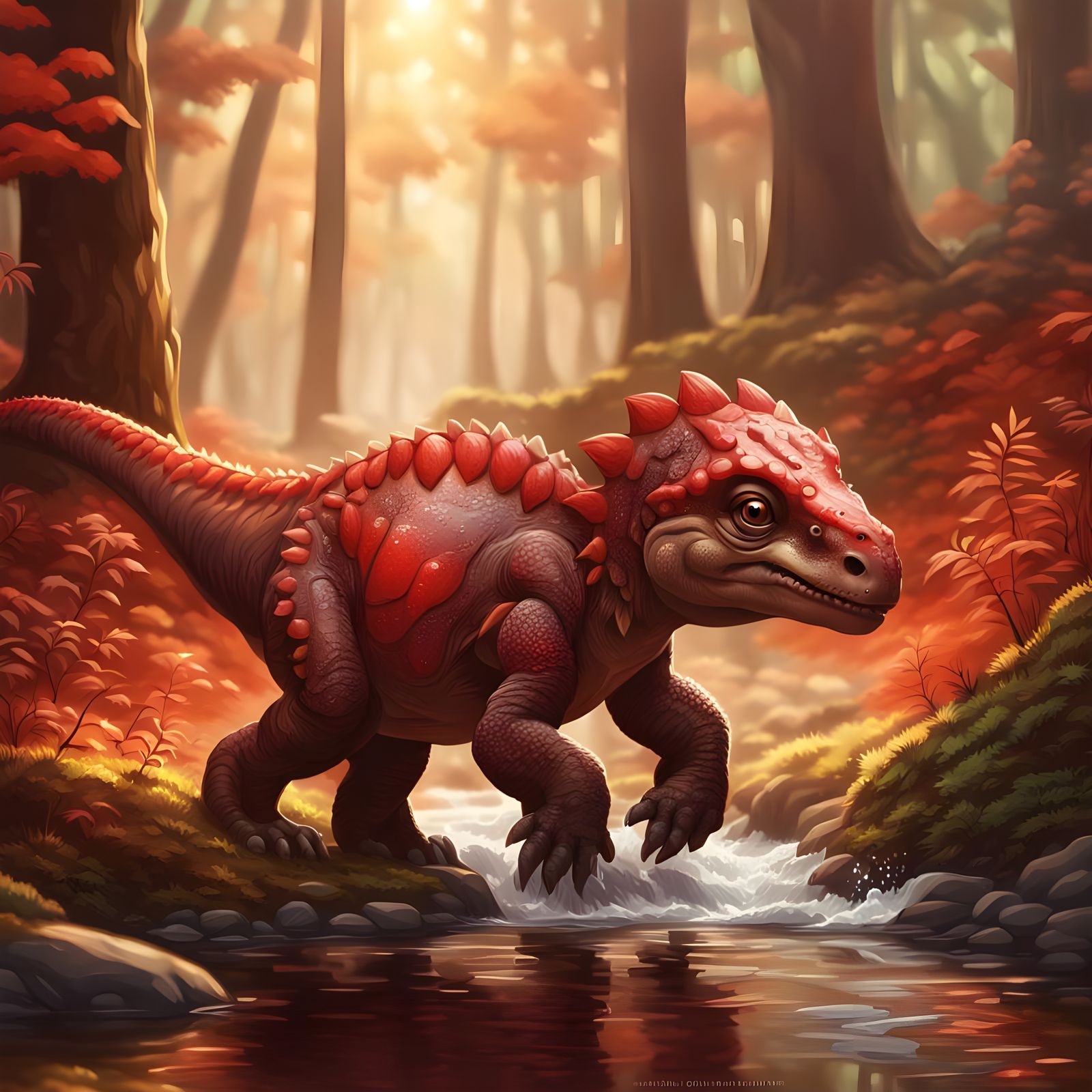 Dramatic Baby Dinosaur in Forest Setting, Hyperrealistic Spl...