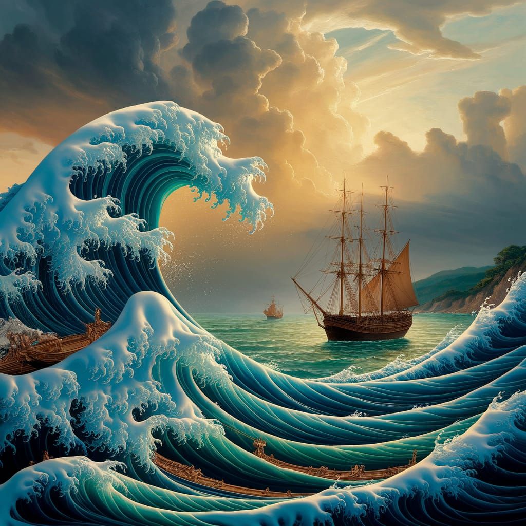 19th Century Seascape Painting of Ships in Colossal Waves