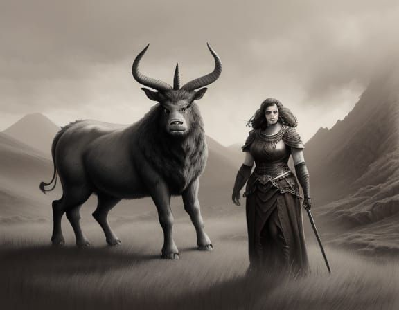 Female Minotaur Artificer Near Volcanic Crater