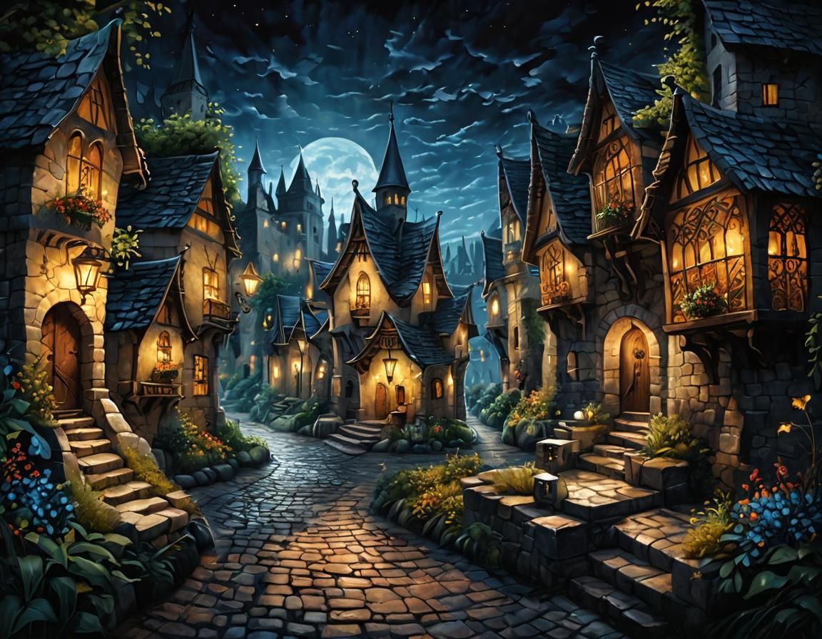 Fantasy Village Under Moonlight: Dark Acrylic Painting