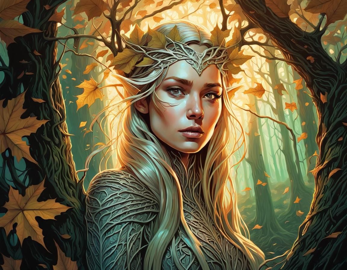 Elven Woman Transforms to Tree in Forest