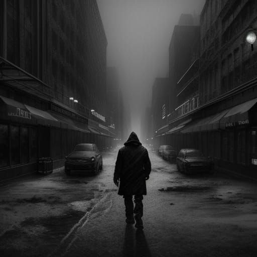 Lone Figure in Cold New York Street: Charcoal Drawing