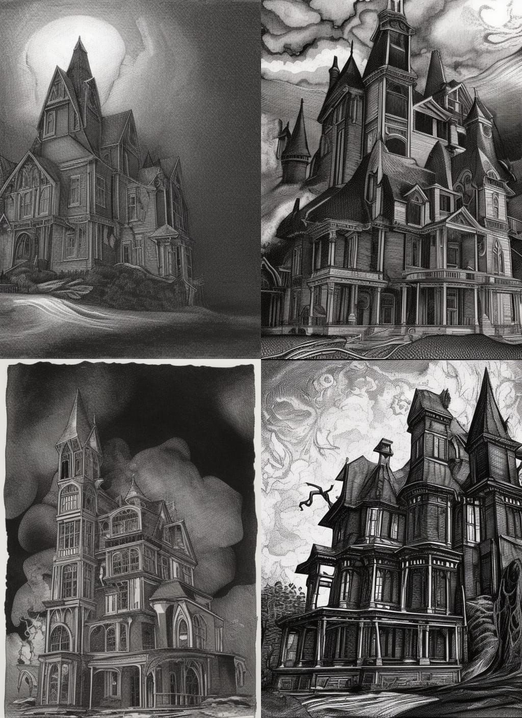 Gothic Mansion Overlooking Graveyard in Copper Engraving Sty...