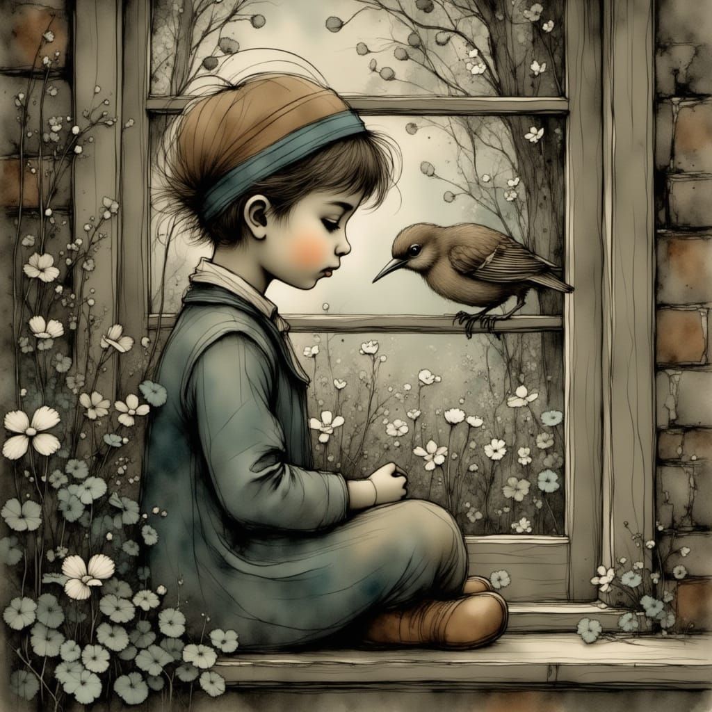 Whimsical Scene of a Lonely Boy and a Singing Bird