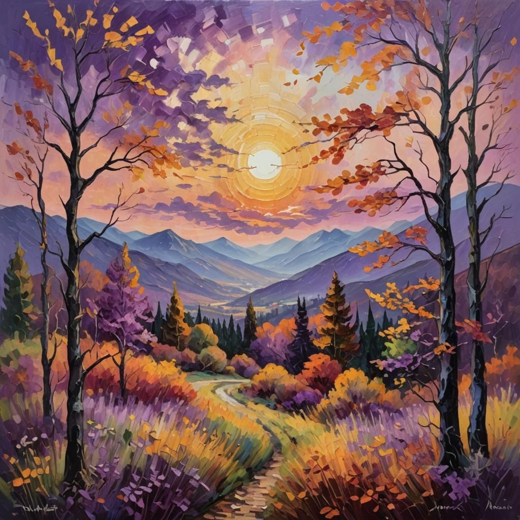 Autumn Sunset: Neo-Impressionist Oil Painting