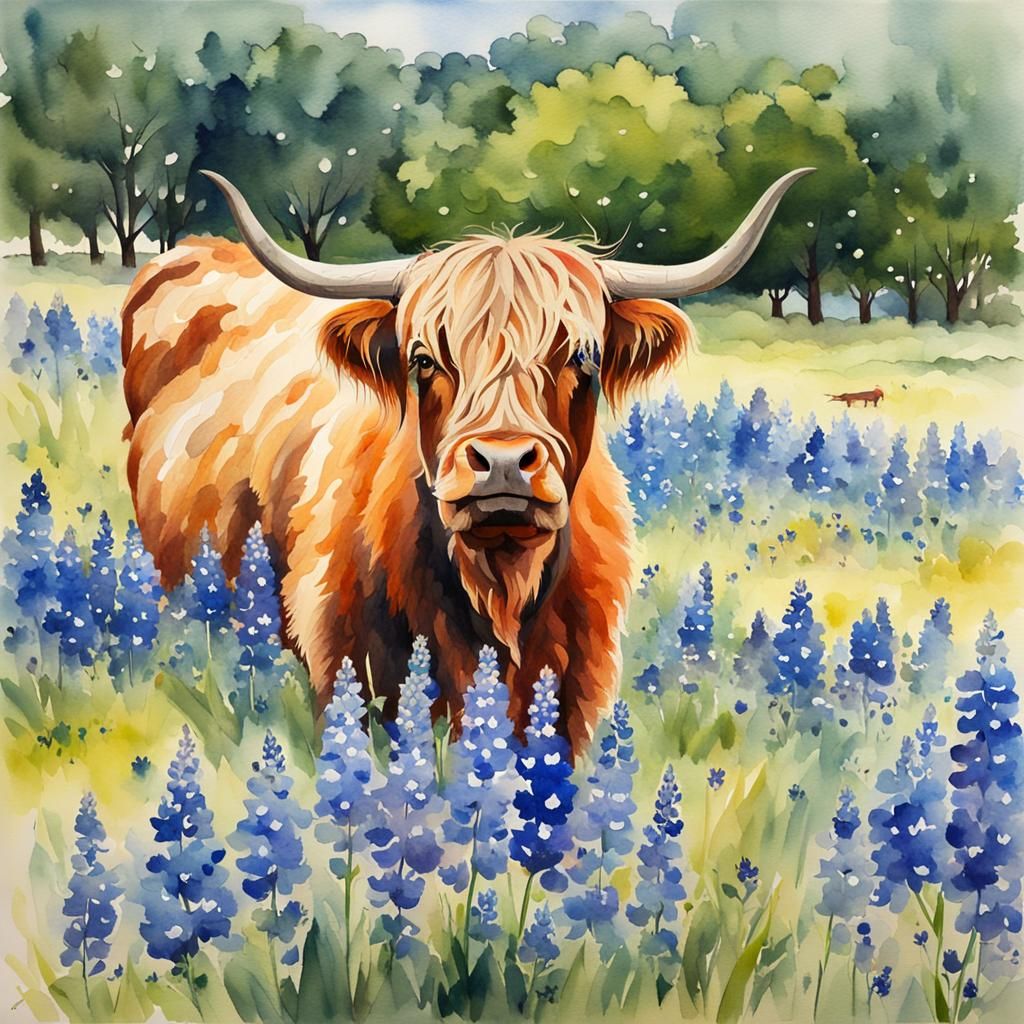 Highland Cow Grazing Among Bluebonnets: Watercolor