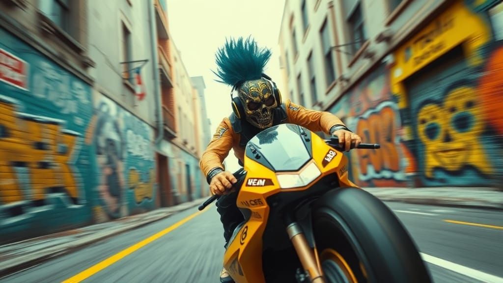 Cyberpunk Rider on Hovercycle in Brutalist Street