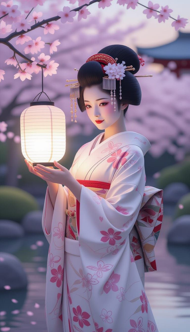 Geisha with Lantern in Ukiyo-e Anime Style