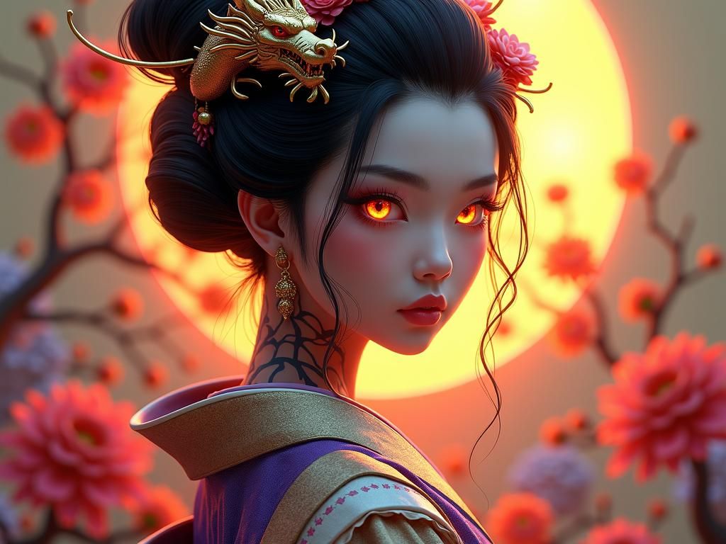 Geisha Warrior in Kimono with Dragon Tattoos