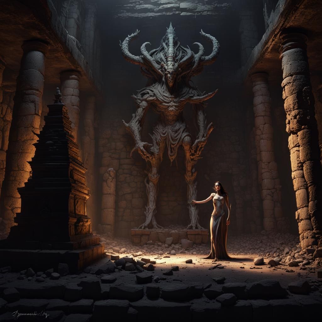 Eye Tyrant Beholder in Ruined Temple: Dark Fantasy Art